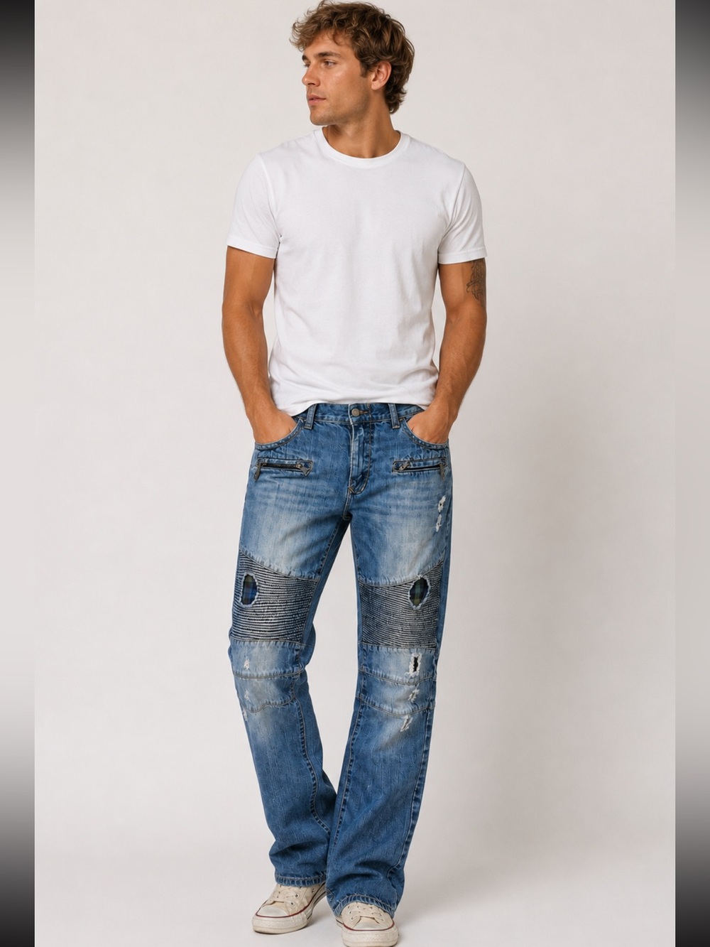 FWRD Denim Co Moto Biker Jeans Distressed Slim Straight Light Wash Men’s 38x34